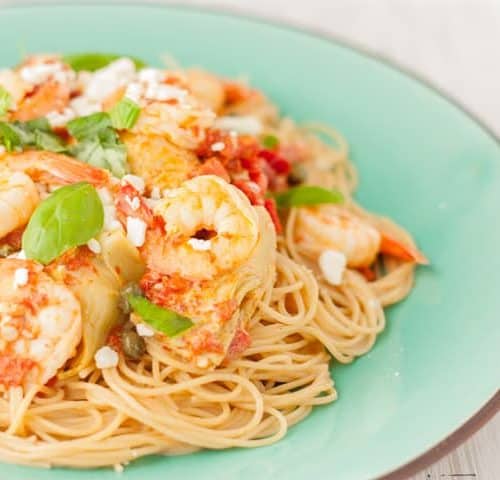 Creamy Shrimp Pasta with Artichokes and Roasted Red Peppers