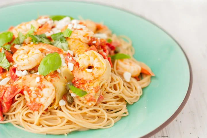 Creamy Shrimp Pasta with Artichokes and Roasted Red Peppers