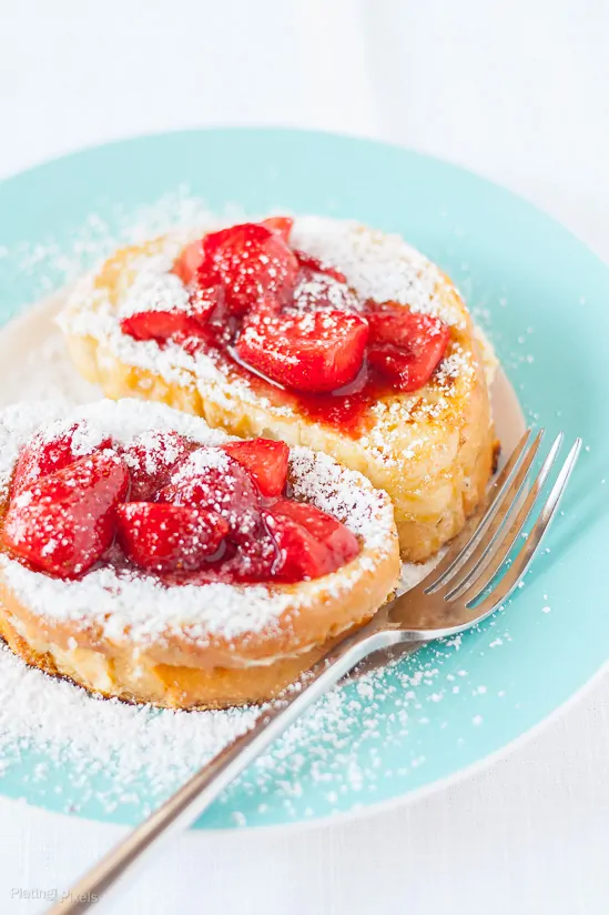 Banana Cream Cheese Stuffed French Toast with Strawberry Topping recipe - www.platingpixels.com