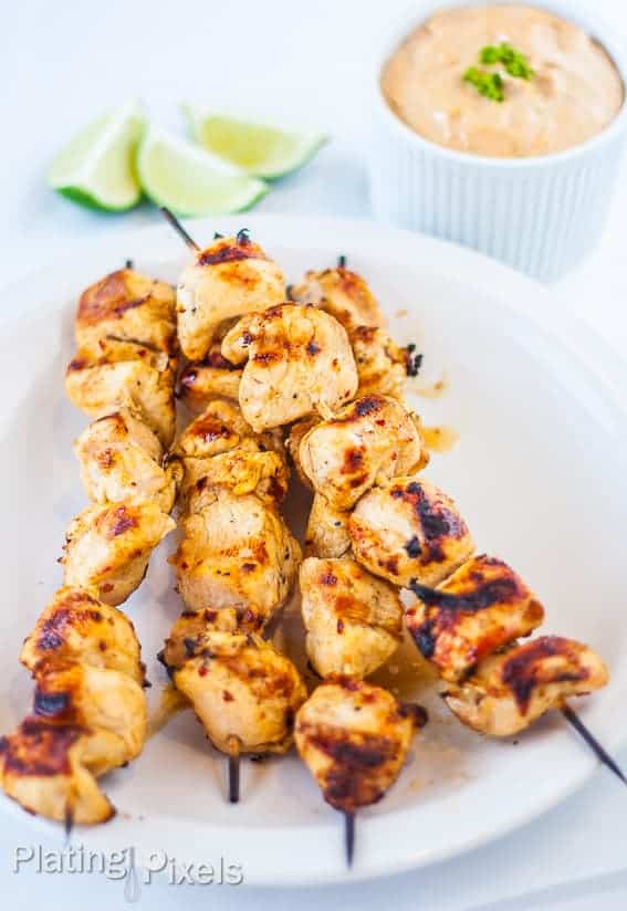 Barbecue Cumin Chicken Kebabs with Peanut Lime Dipping Sauce - www.platingpixels.com