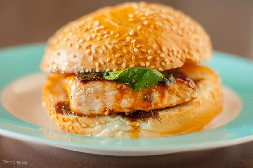 Sesame Salmon Burger with Apricot Soy Sauce Glaze - www.platingpixels.com