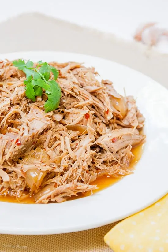 Carolina Style Slow Cooker Pulled Pork on a plate with a parsley garnish