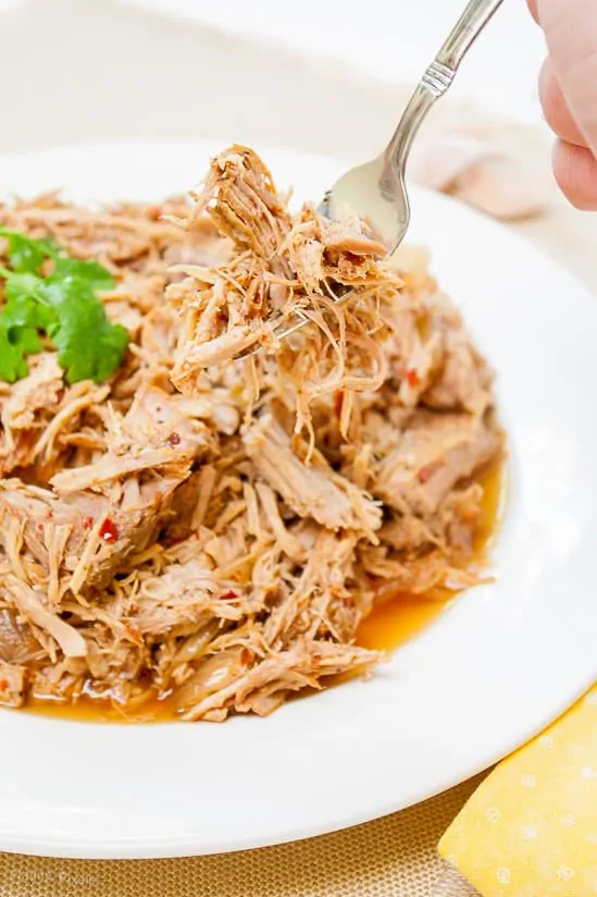 A close up of Carolina Style Slow Cooker Pulled Pork on a fork