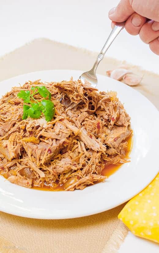 Carolina Style Slow Cooker Pulled Pork on a plate with a hand using fork to pick some up