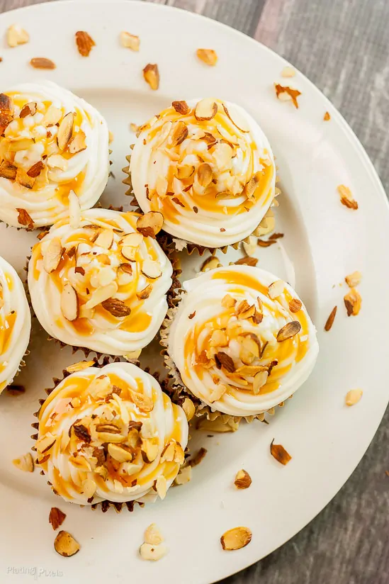 Chocolate Almond Cupcakes with Salted Caramel Vanilla Buttercream recipe - www.platingpixels.com