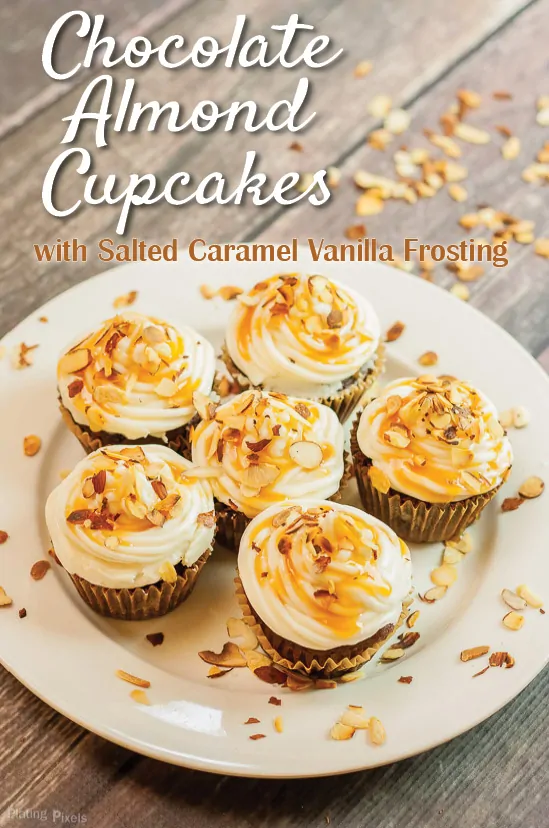 Chocolate Almond Cupcakes with Salted Caramel Vanilla Buttercream recipe - www.platingpixels.com