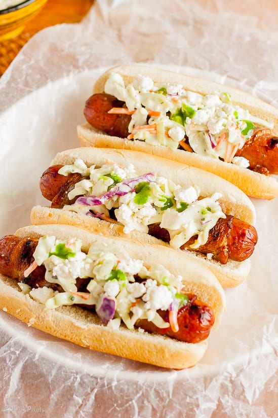 Bacon Wrapped Dogs with Habanero Coleslaw recipe - www.platingpixels.com