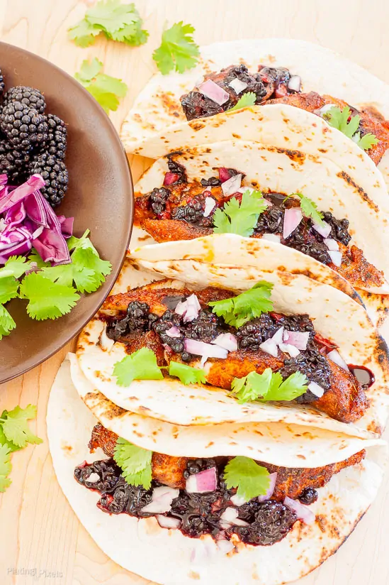 Blackened Fish Tacos with Blackberry Balsamic Salsa recipe - www.platingpixels.com