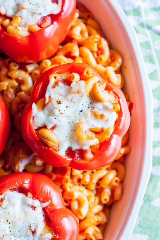 Chicken Pasta Stuffed Bell Peppers recipe - www.platingpixels.com