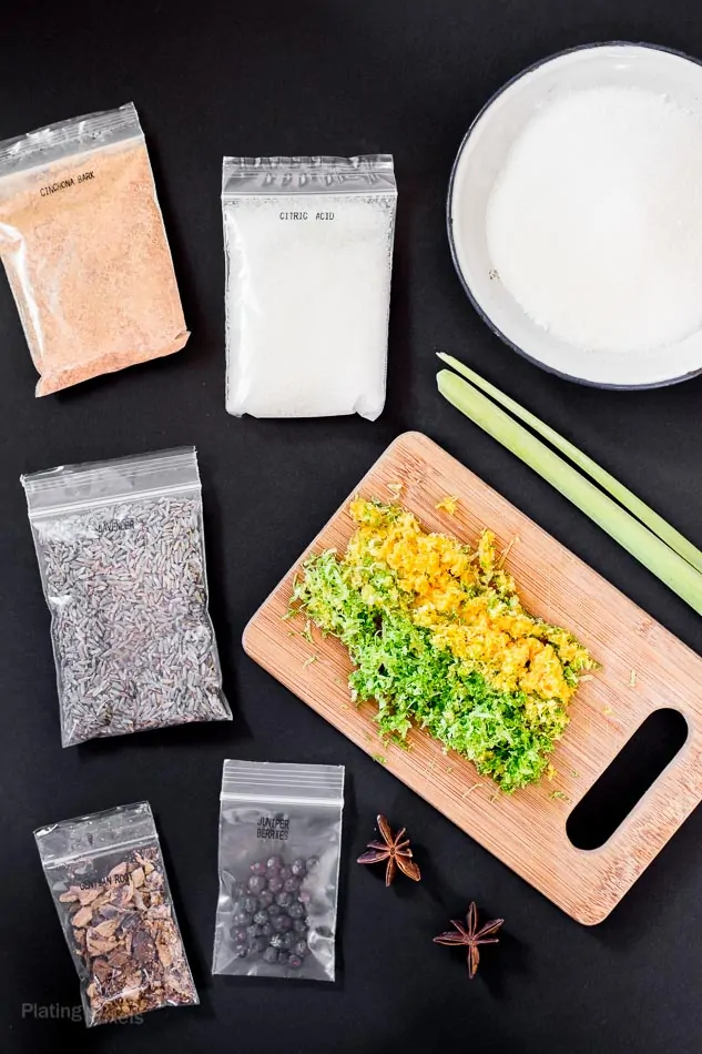 Overhead shot of all ingredients to make homemade tonic water