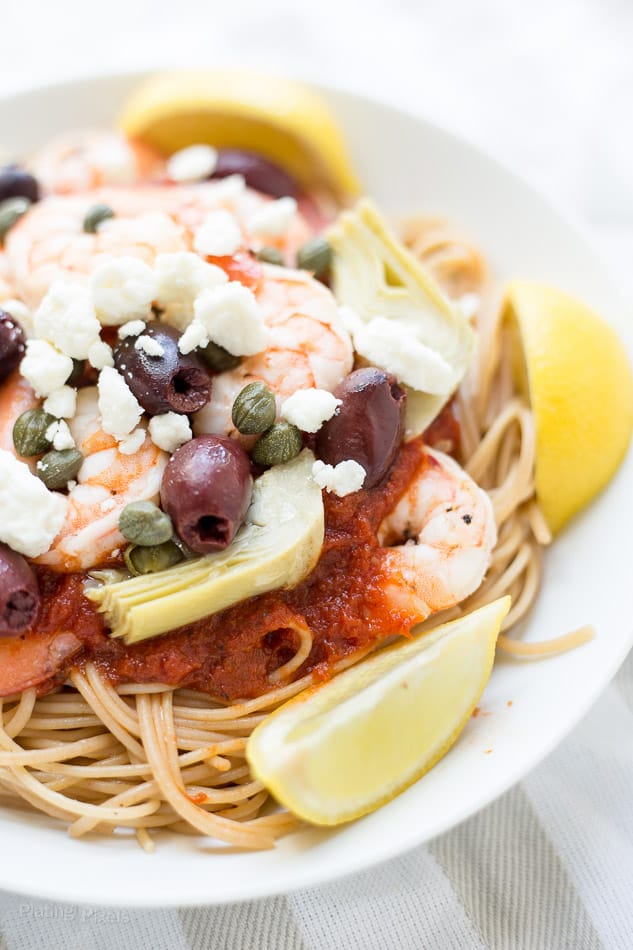 Close up of Mediterranean Shrimp Pasta read to eat