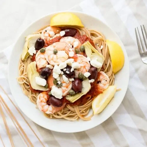 Mediterranean Shrimp Pasta with Whole Wheat Spaghetti