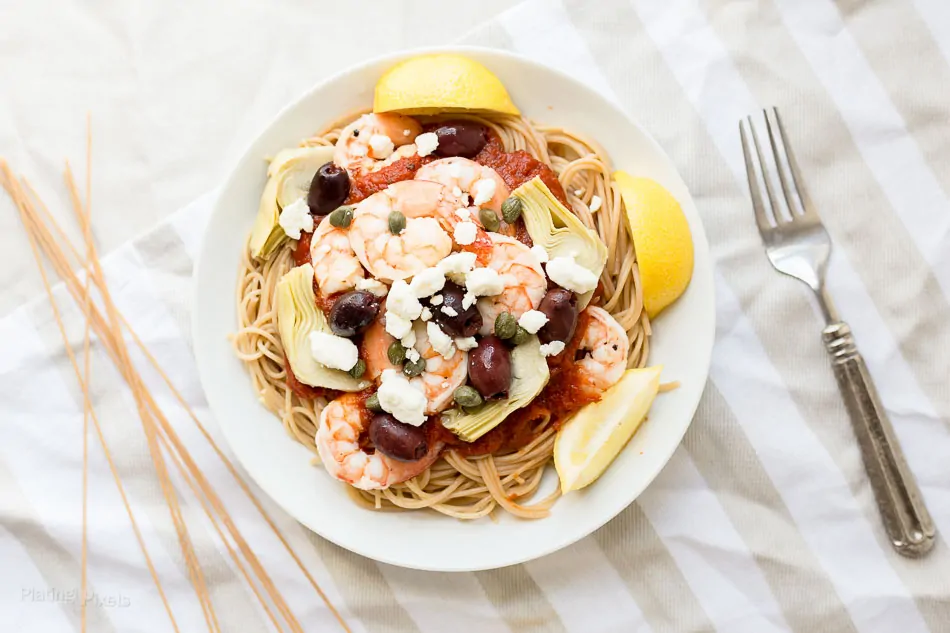 Mediterranean Shrimp Pasta with Whole Wheat Spaghetti