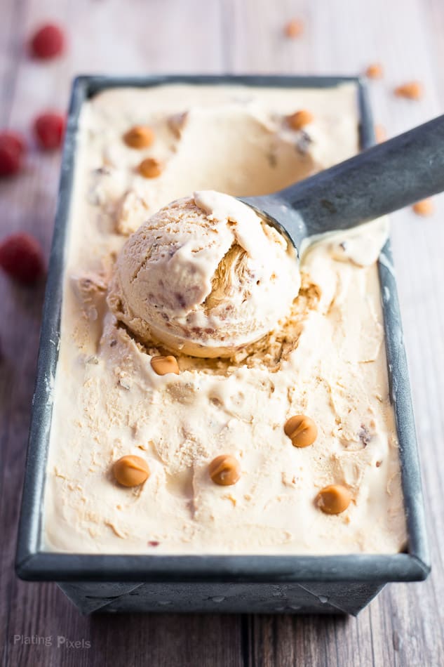 No Churn Butter Scotch Ice Cream with a scoop being scooped out of it