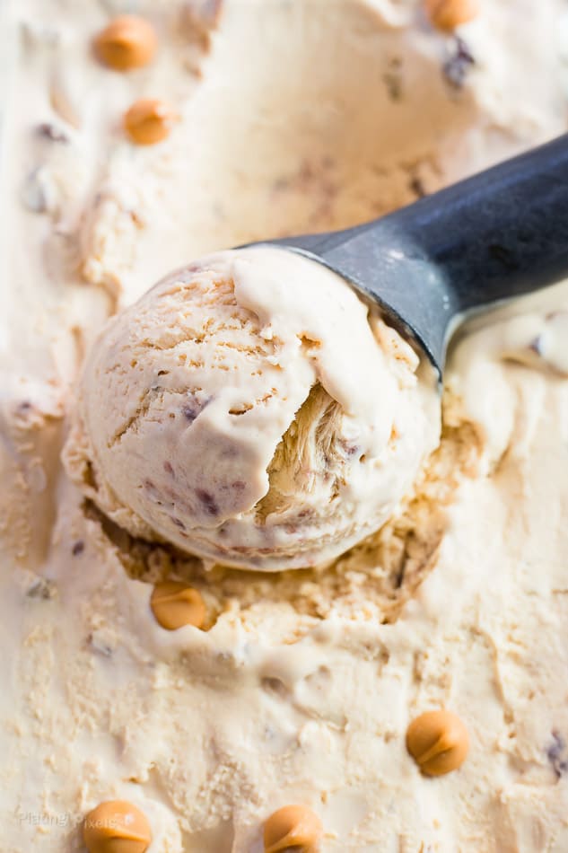 Scooping butterscotch ice cream with an ice cream scooper