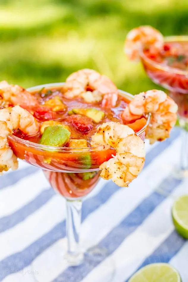 Mexican Shrimp Cocktail recipe served in a glass with grilled shrimp