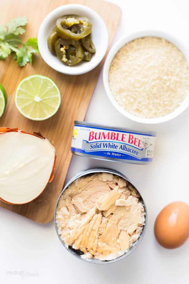 An overhead shot of ingredients used to make tuna cakes 