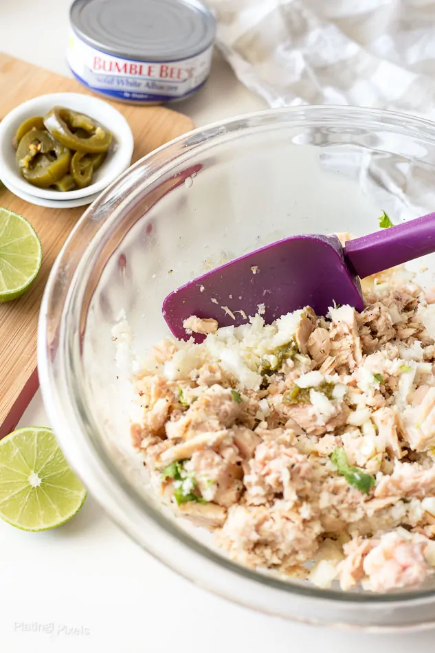 Process shot of a tuna mixture in a bowl for making tuna cakes 