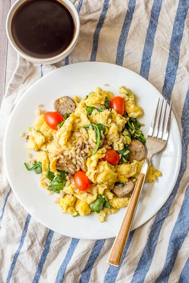 Spinach, Sausage, Rice and Egg Scramble recipe - www.platingpixels.com