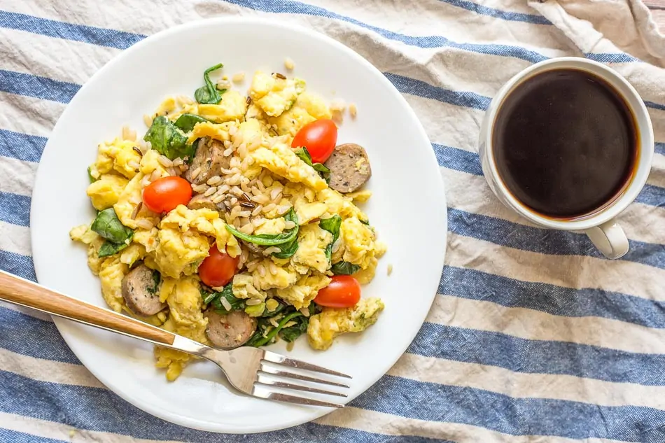 Spinach, Sausage, Rice and Egg Scramble
