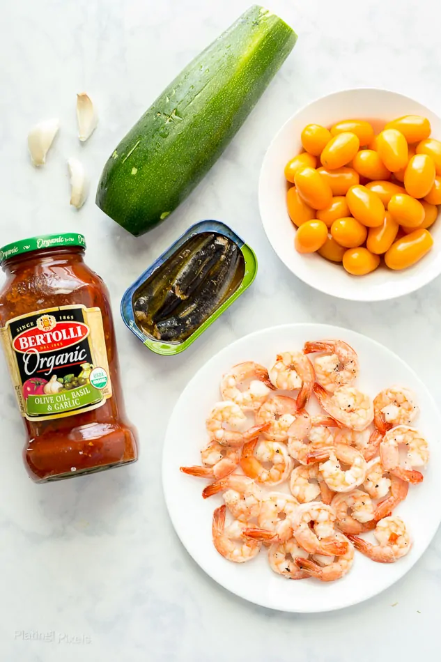 Overhead shot of ingredient to make Sardine and Shrimp Zoodles