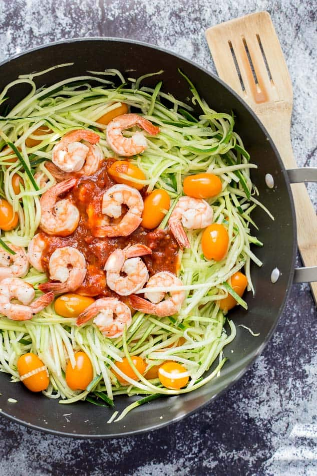 Overhead shot of Sardine and Shrimp Zoodles in a pot