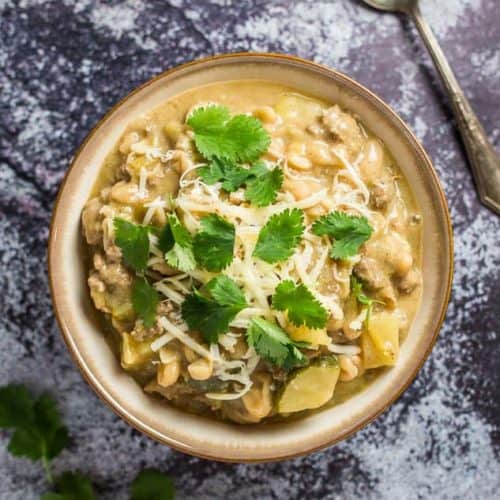 An overhead shot of a bowl of Healthy White Bean Turkey Chili
