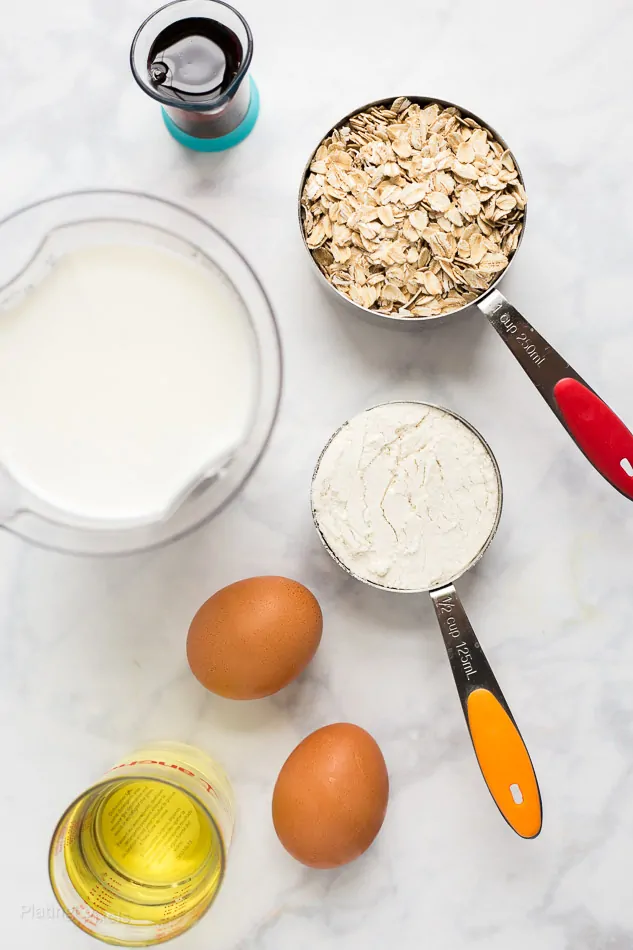 An overhead shot of ingredients prepped to make Banana Oatmeal Pancakes 