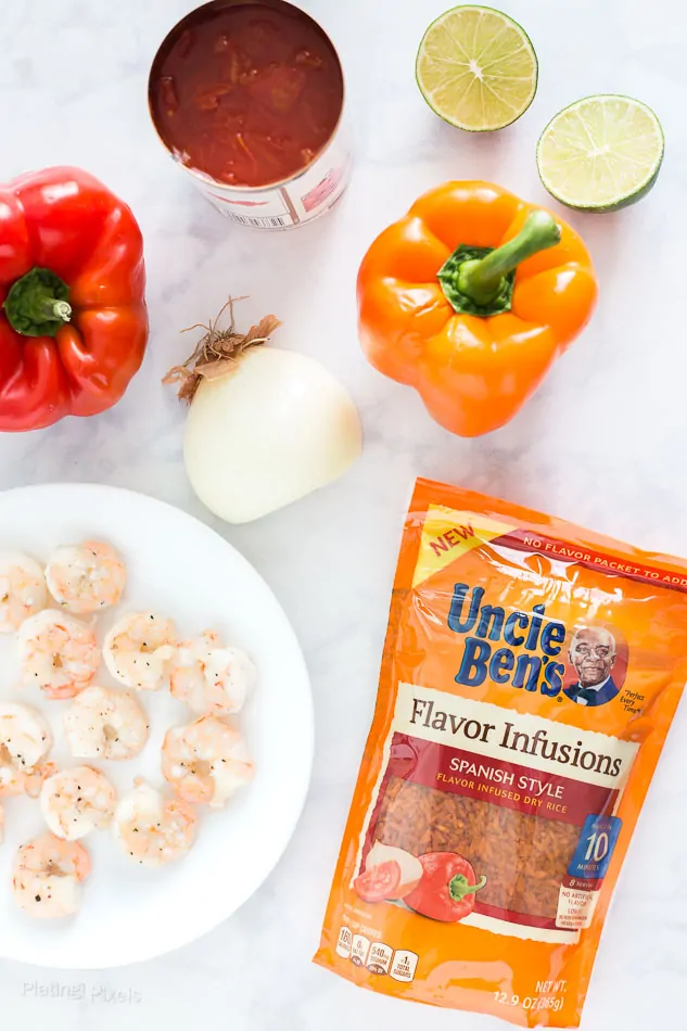 Overhead shot of ingredients to make Shrimp Paella