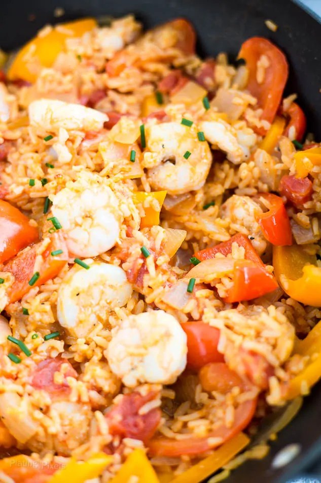 Close-up of Easy Shortcut Shrimp Paella recipe