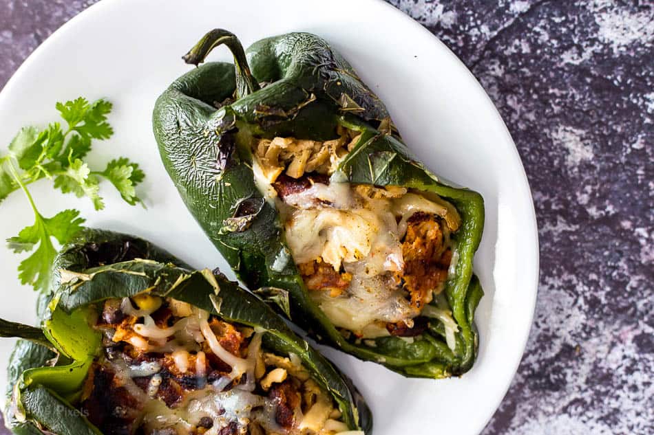Grilled Vegan Pork Stuffed Poblano Peppers