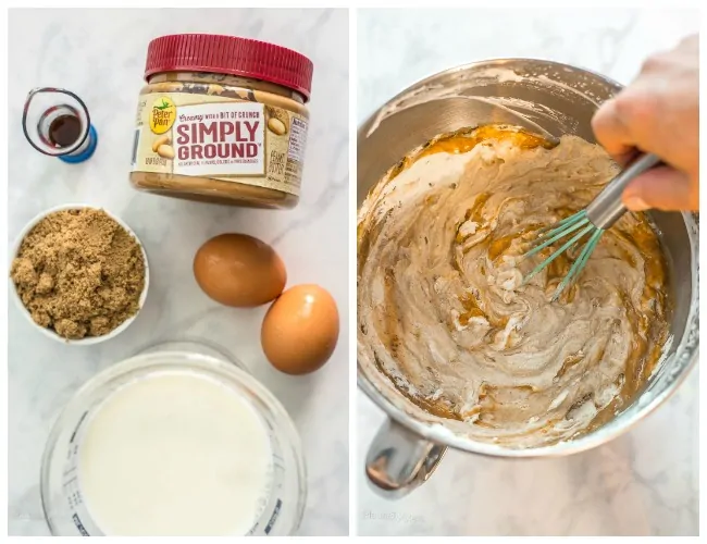 Collage of images showing ingredients for Peanut Butter Ice Cream and process shot of stirring the ice cream mixture