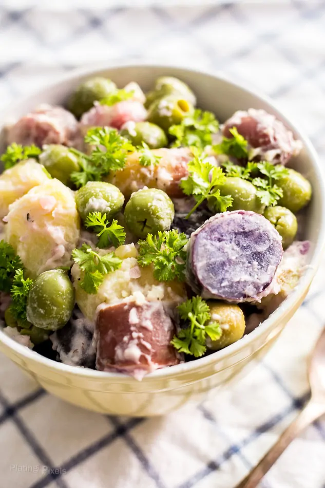Fingerling Potato Salad with Green Olives prepared in a bowl