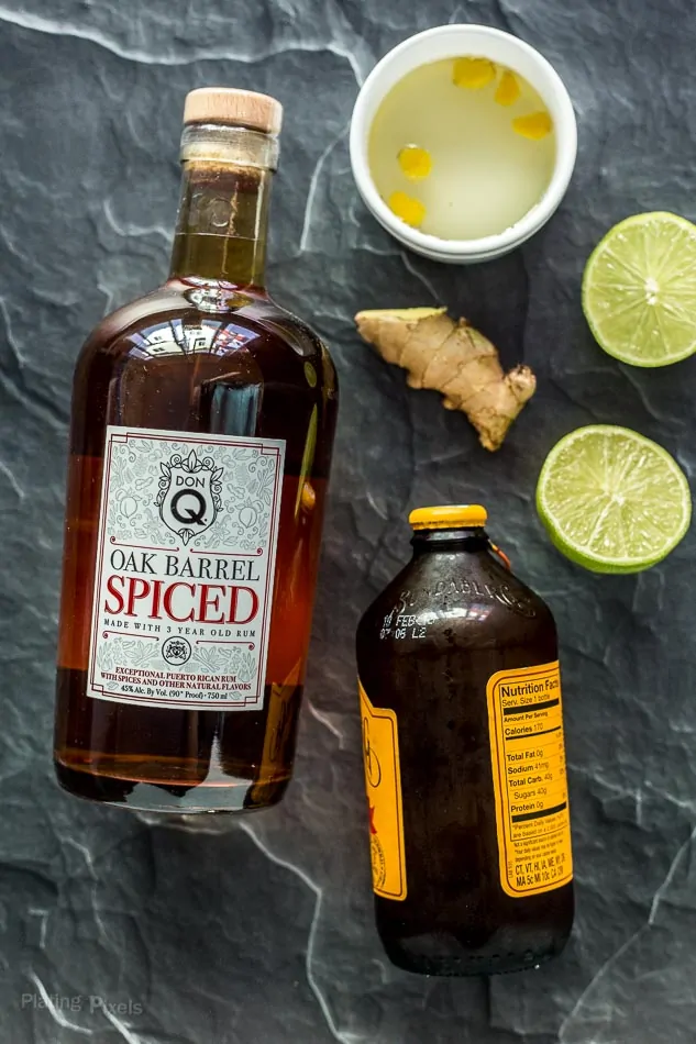 Overhead shot of ingredients to make a Caribbean Mule (Moscow Mule with rum)