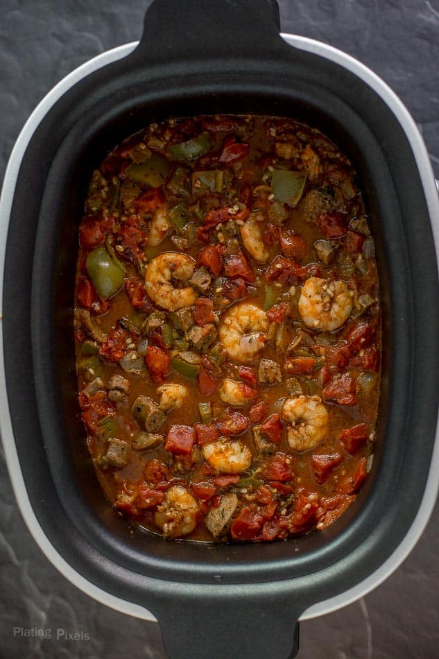 An overhead shot of One Pot Shrimp and Sausage Jambalaya in a slow cooker