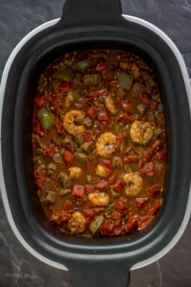 An overhead shot of One Pot Shrimp and Sausage Jambalaya in a slow cooker