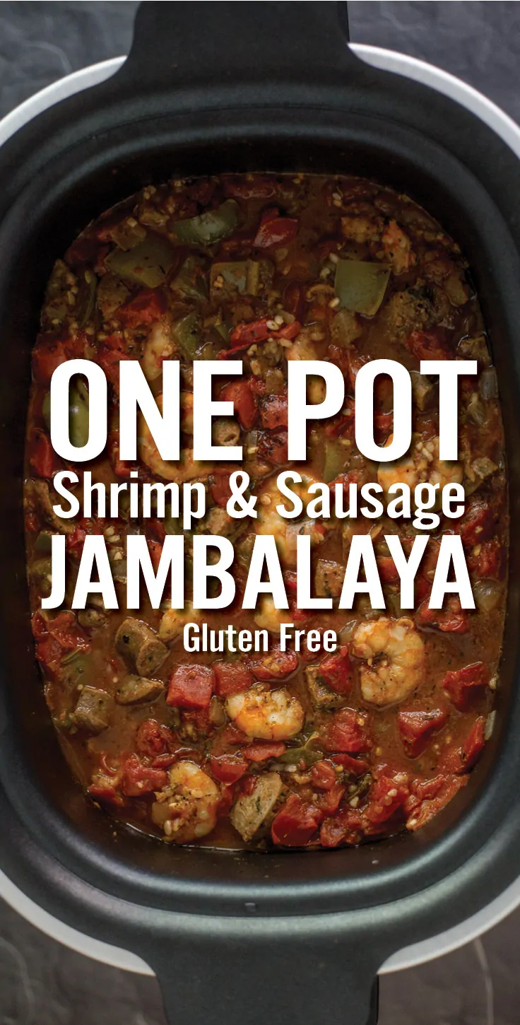 A overhead shot of a jambalaya in a crock pot with One Pot Shrimp and Sausage Jambalaya written in bold text
