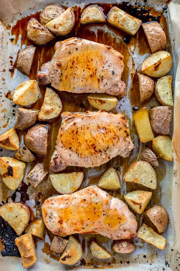 Honey Mustard Sheet Pan Pork Chops with Potatoes - Plating Pixels