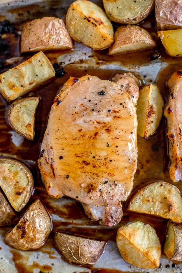 Honey Mustard Sheet Pan Pork Chops with Potatoes - Plating Pixels