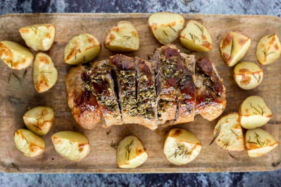 Pesto Garlic Rubbed Roasted Pork Sirloin - platingpixels.com