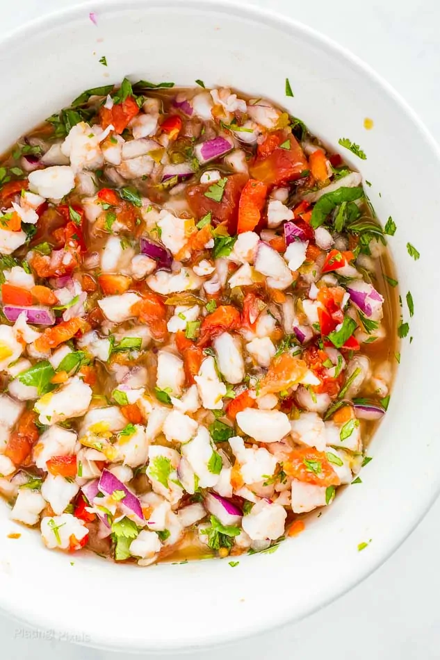 Shrimp Ceviche marinating in a bowl