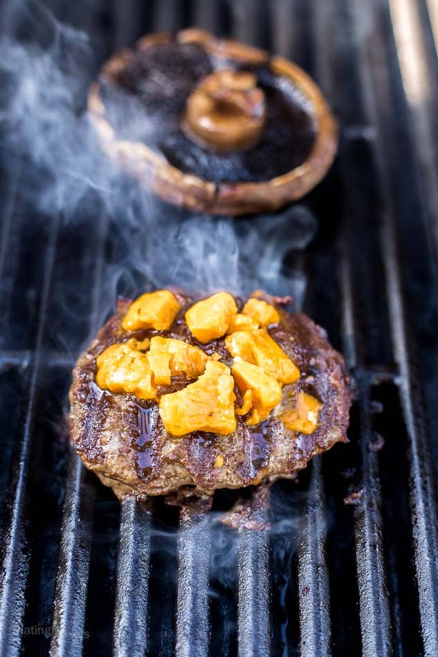 Grilled Keto Cheese Burgers cooking on gas grill - platingpixels.com