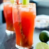 Bloody Mary Michelada with Bacon Swizzle Sticks - platingpixels.com