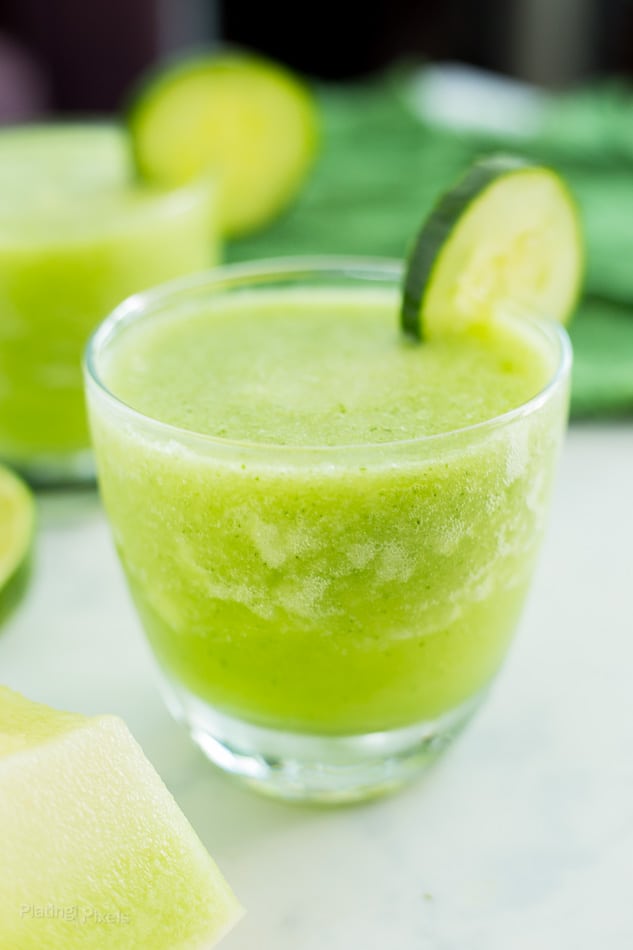 Close up of garnished Cucumber Melon Cocktail Slushie recipe 