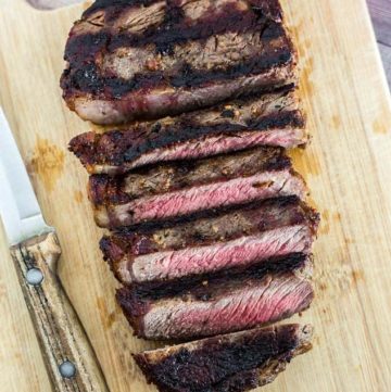 Grilled Ribeye Steak slices on a cutting board