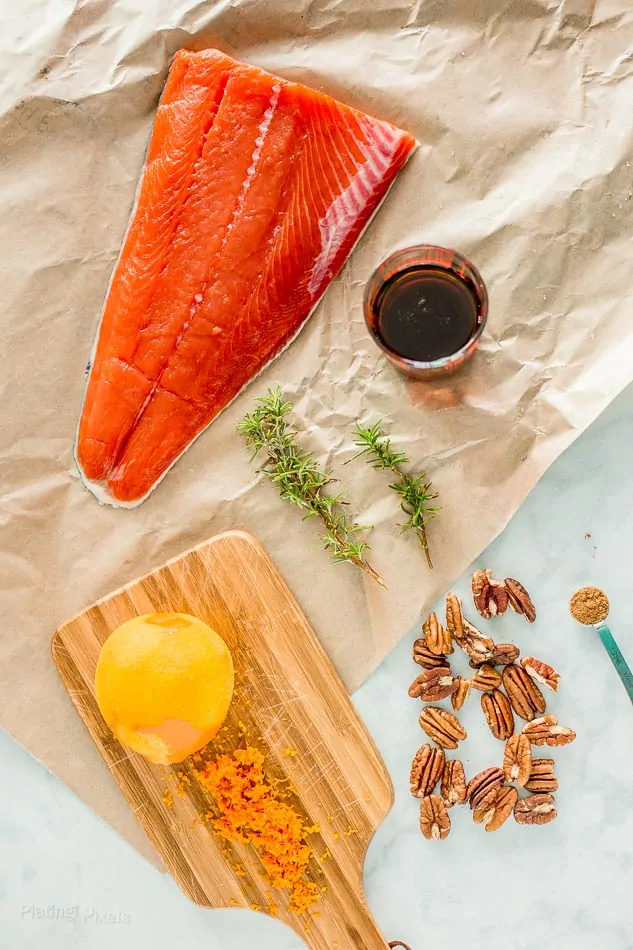 Overhead view of all ingredients for Maple Glazed Sheet Pan Salmon