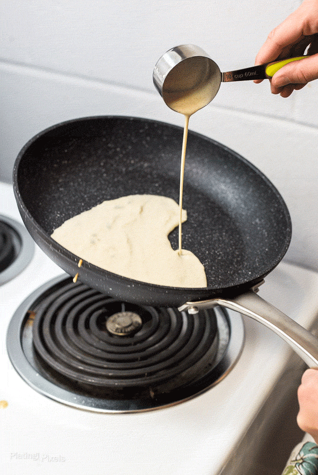 Animated images showing how to pour batter, flip crepe in a pan and cook til golden 