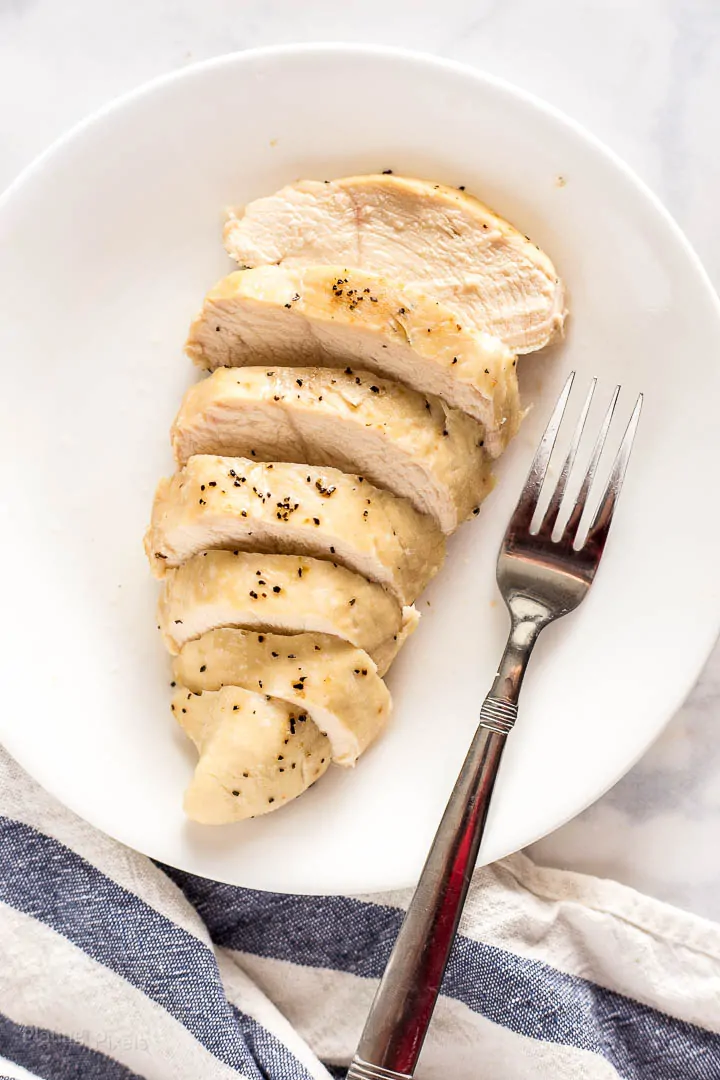 Sliced baked chicken breast on a plate