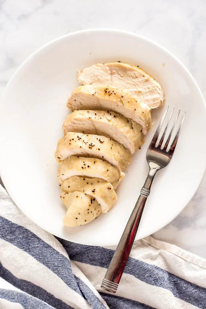 Baked chicken breast slices on a plate ready to serve