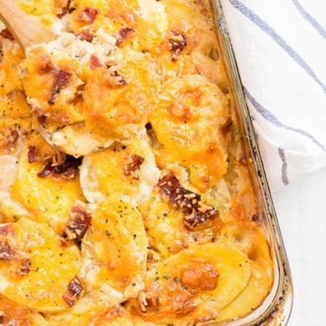 Candied Bacon Au Gratin Potatoes in a casserole dish